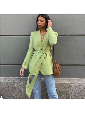 Oversized Sleek Sage Green Belted Blazer Jacket